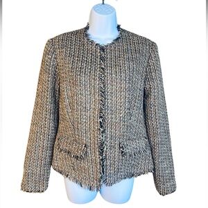 Newport News Tweed Blazer Brown Woven Multicolor Knit Fringe Accent Size 8